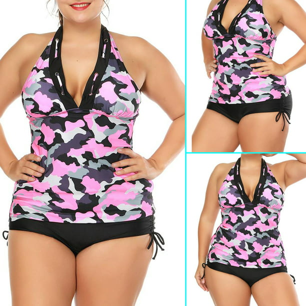 Womens 2Pcs Top Bottom Tankini Sporty Bathing Beachwear Swimsuit Suit Plus Size 